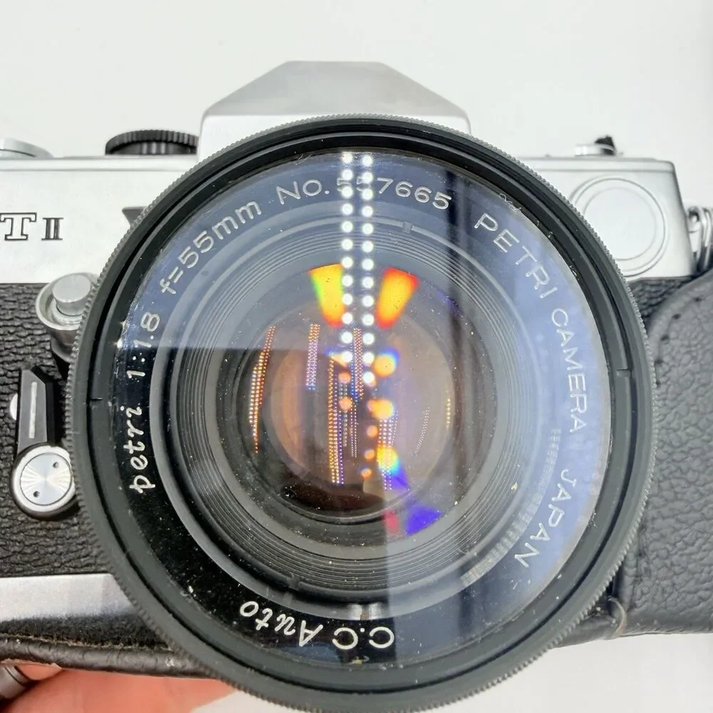 Petri FT II 35mm SLR Camera Kit CANON FD Lens 55mm f/1.8 Flash Case Key